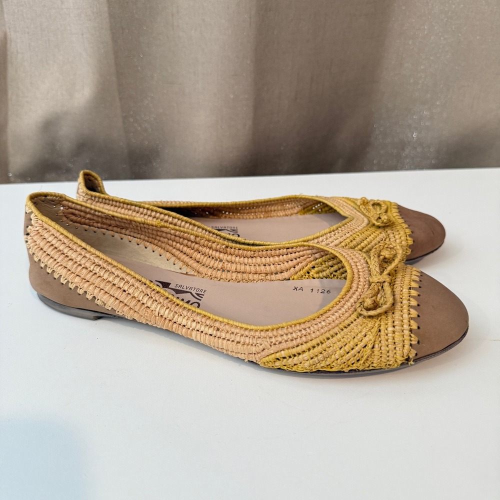 Salvatore Ferragamo Yellow Woven Straw‎ Ballet Flats Cap Toe Bow Size 8M XA 1126